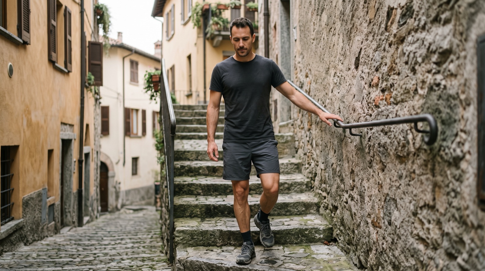 Uomo sportivo sulla trentina che scende lentamente una scala esterna in pietra tenendo una mano sul corrimano, vicolo di paese italiano, luce mattutina coperta