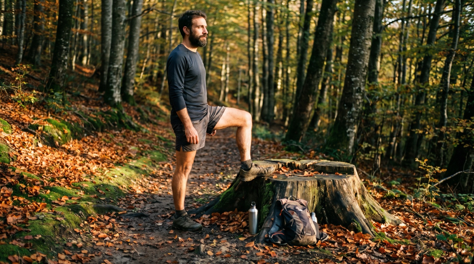 Uomo con il piede su un ceppo in un sentiero di bosco d'autunno, pronto per una salita su una gamba