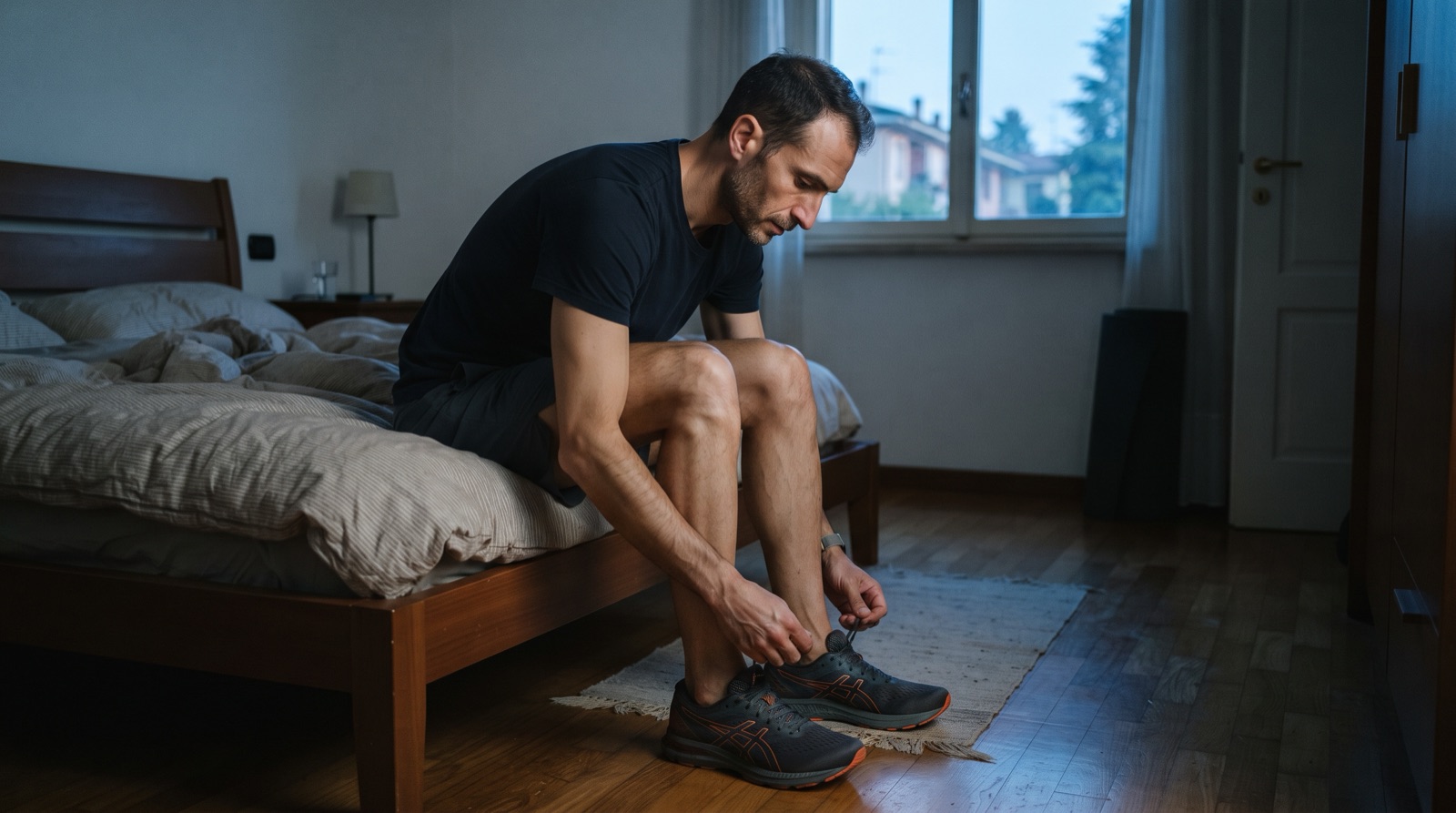 Uomo sportivo sulla quarantina seduto sul bordo del letto all'alba che allaccia le scarpe da allenamento, prima luce fredda dalla finestra