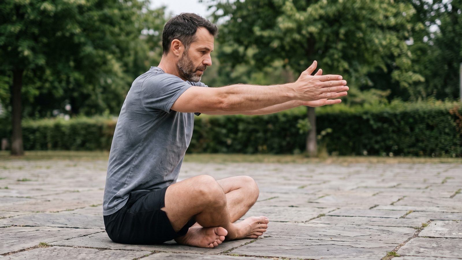 Uomo seduto a terra a gambe incrociate sul selciato di un parco, braccia protese in avanti come contrappeso, pronto a rialzarsi senza appoggiare le mani