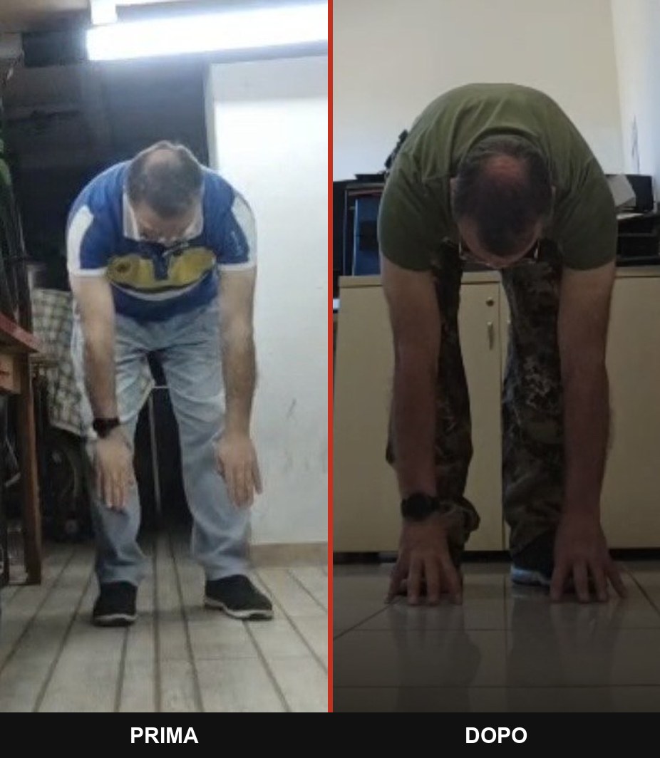 Flessione in avanti: prima le mani arrivavano a meta coscia, dopo i palmi appoggiano a terra